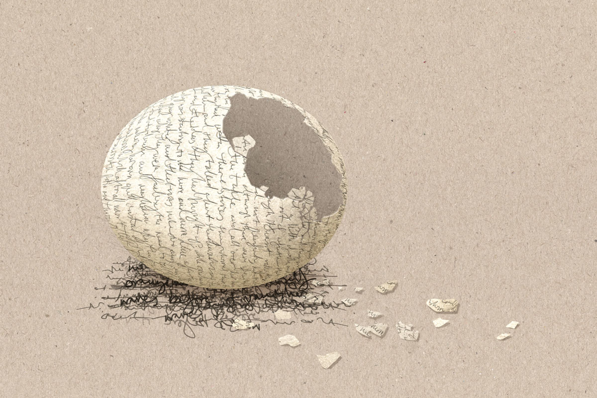 Drawing of an egg covered in handwriting.