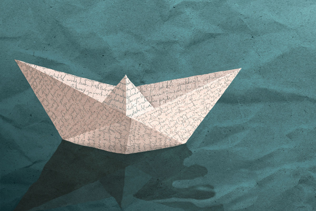 Drawing of an paper boat covered in handwriting.