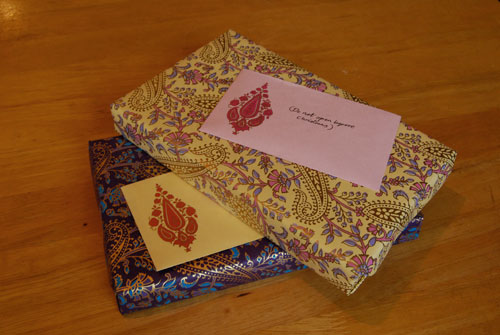 Fiction Desk books wrapped in paper from The Paper Place.